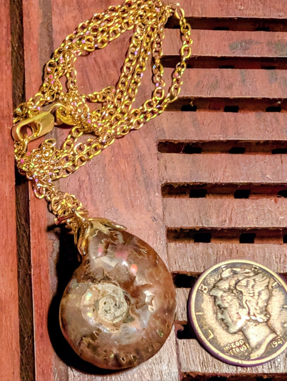 Handcrafted Ammonite Fossil Pendant On 18KT GF Chain Necklace